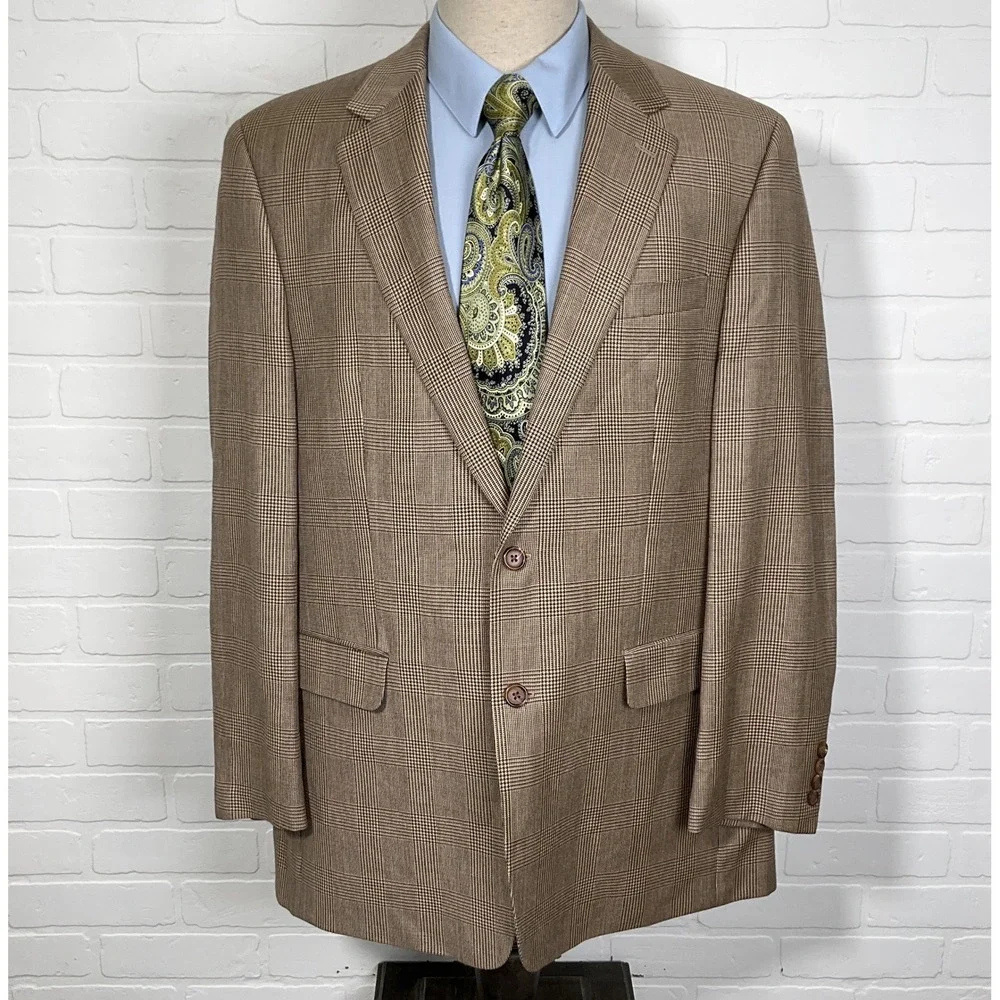 Lauren Ralph Lauren Blazer‎ 44L Brown Blue Glen Plaid Silk Wool Classic Jacket